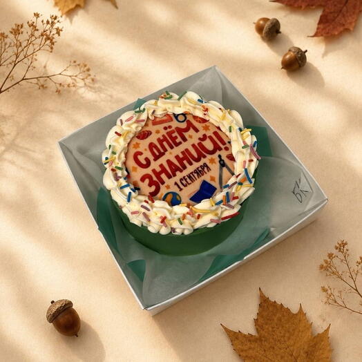 Бенто торт с сахарной картинкой и рюшами на день знаний