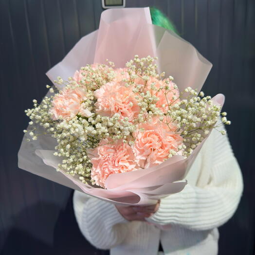 Облачный розовый 💘 стойкие розовые диантусы и белая гипсофила Букет «Pink Cloud Gypsophila»