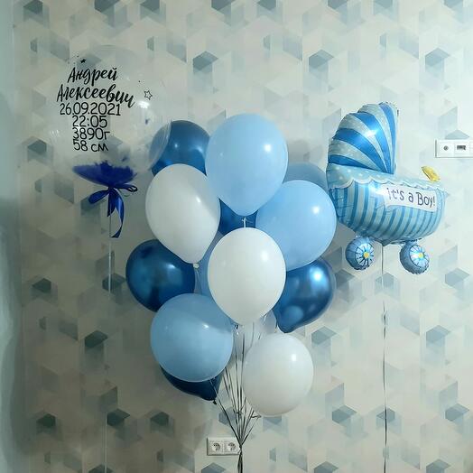 Conjunto para el alta reunión del bebé. Globo con la inscripción, cochecito,15 bolas. Se puede hacer en rosa