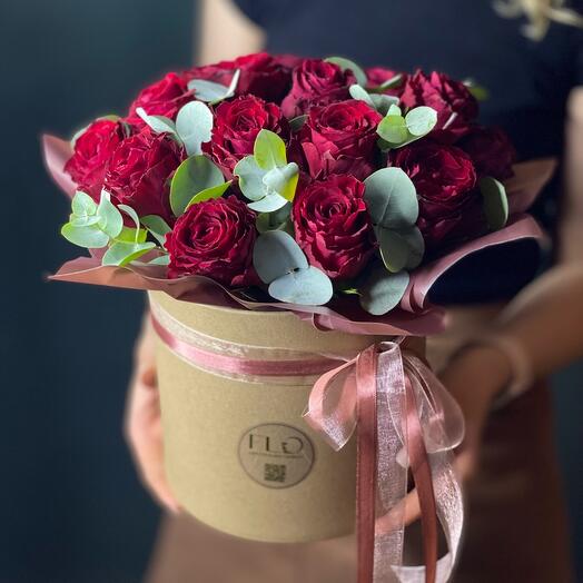 Burgundy roses with eucalyptus in craft
