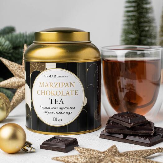 Чёрный чай с кусочками шоколада и миндаля Marzipan Chokolate в железной баночке Semari Delicious