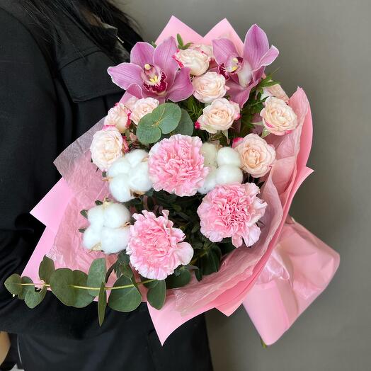 Розовый  вечер 💕 орхидея , Роза кустовая , хлопок