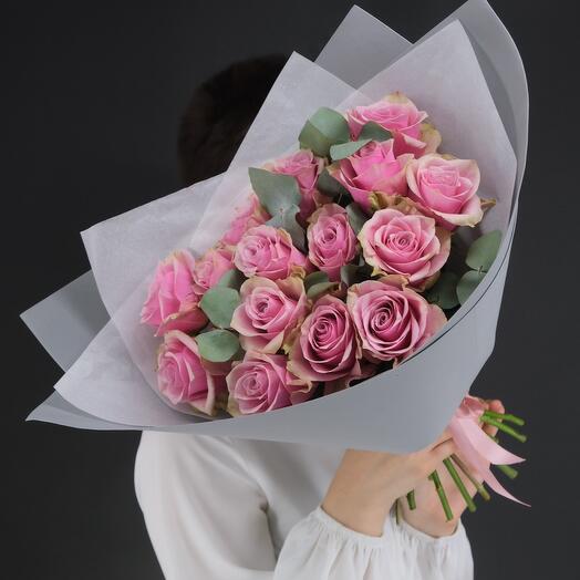 15 pink roses with eucalyptus twigs