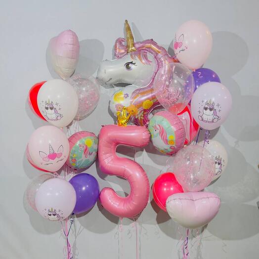 Воздушные шарики на 5 лет с единорогом 22 шт