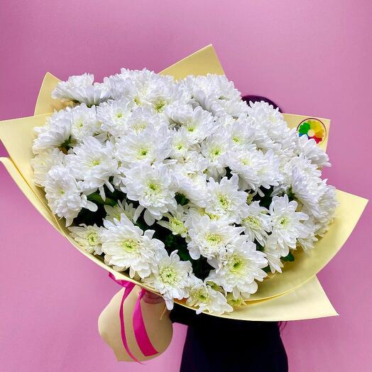 A bouquet of 15 printed white bush chrysanthemums