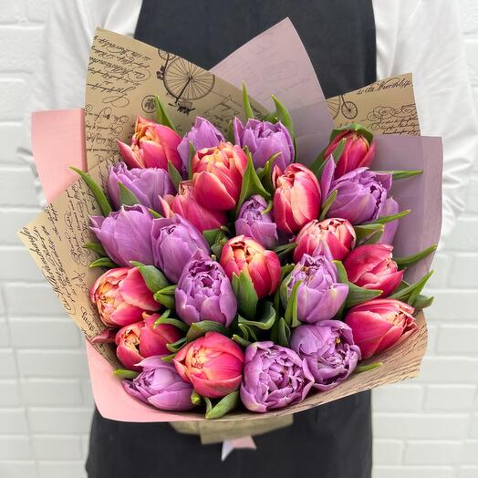 Тюльпаны пионовидные микс 25 шт в букете Flowerstorg N1193