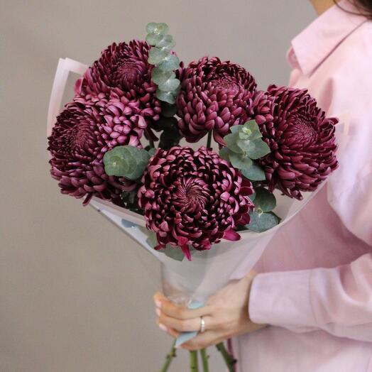 Букет из 5 темных хризантем с эвкалиптом