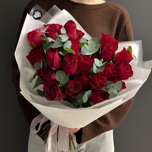 25 red roses with eucalyptus