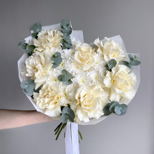 Delicate bouquet of white French Mondial rose, chrysanthemum and eucalyptus