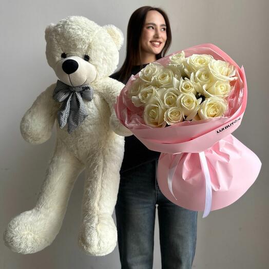 Комбо 15 роз + мишка 80 см