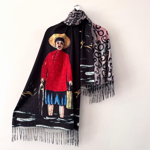 Кашемировый палантин сувенир Пирасмани «Рыбак». Cashmere shawl souvenir Pirosmani «Fisherman