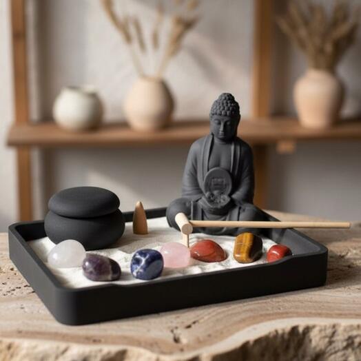 Подарочный набор "Японский Сад дзен" чакровый набор камней, шкатулка, благовония 4 шт, Будда, сад камней