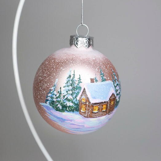 Елочный шар из стекла, ручная роспись "Рождественский коттедж"