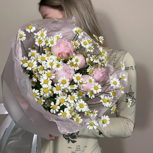 🌸Розовые пионы и ромашки