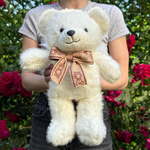 Мягкая игрушка плюшевый медведь белый с бежевым бантом 1шт. Soft plush toy teddy bear white bear with beige bow 1pc