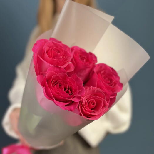 5 малиновых роз 60 см💕