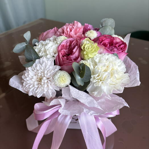 Композиция из роз Пинк экспрешн/диантуса/эустомы💕