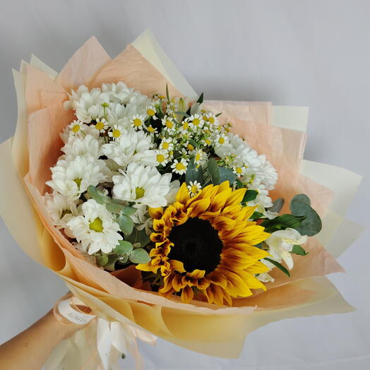 🌻Букет "PERVOЦВЕТ" из ромашек, хризантем, подсолнуха и альстромерий