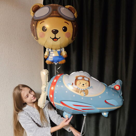 Шар самолет с мишкой и медведь пилот с гелием- 2шара