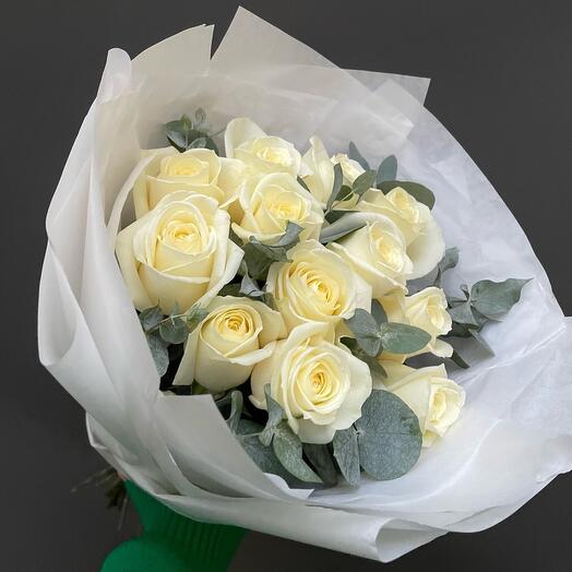 12 white roses with eucalyptus