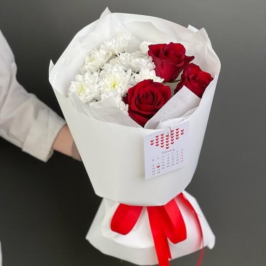 Bouquet of red roses and chrysanthemum "My Love"