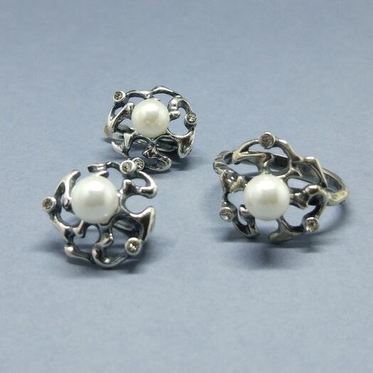 Jewelry Set Pearl White Earrings Ring