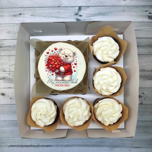 Набор бенто и 5 капкейков на 14 февраля, мишка, любовь