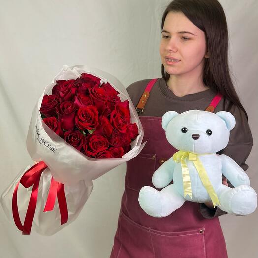 15 красных роз + мишка