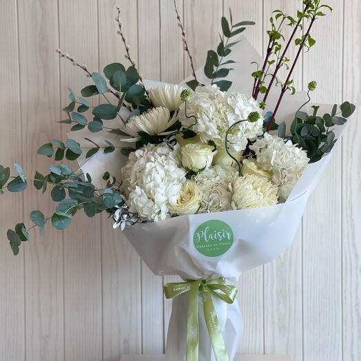 Elegant whites Bouquet of Hydrangeas roses and eucalyptus