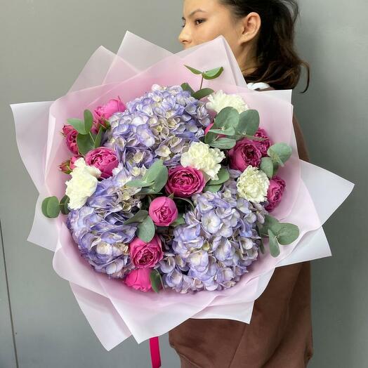 Яркий букет с Мисти Баблс, гортензиями и диантусами 💓(000300040002)