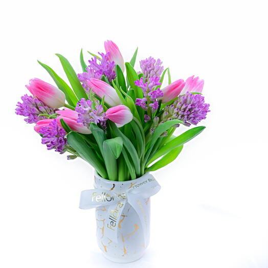 Hyacinthus Tulips Delight Vase ( Purple - Pink Compo)
