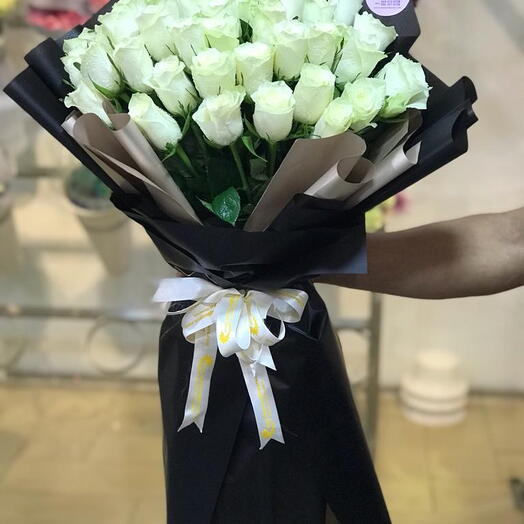 Faithful Blessings :40 Stems Of White Roses in a Nice Black Wrapping