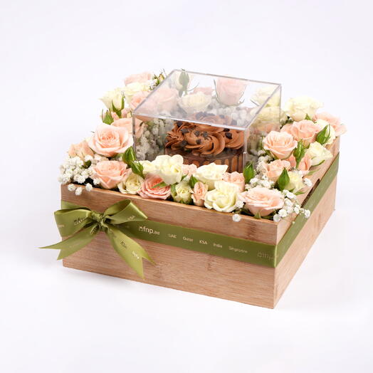 Chocolate Cake and Flowers Tray