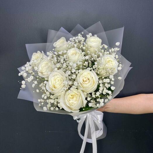 Bouquet with white roses and gypsophila