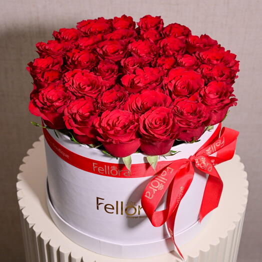 35 Premium Red Roses in a White Round Box- 1704