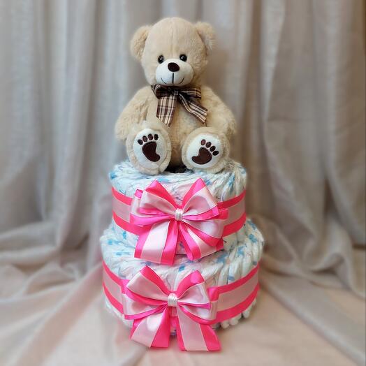 Торт из памперсов для Новорожденного Мишка с бантиком (розовый)