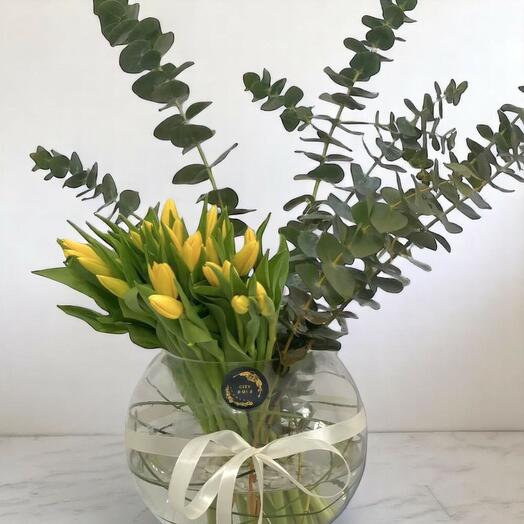 Yellow Tulip Bouquet in Glass Vase – 30 Fresh Tulips with Eucalyptus Greens