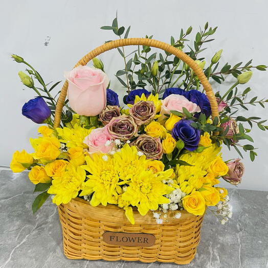 Vibrant Floral Symphony in a Native Basket