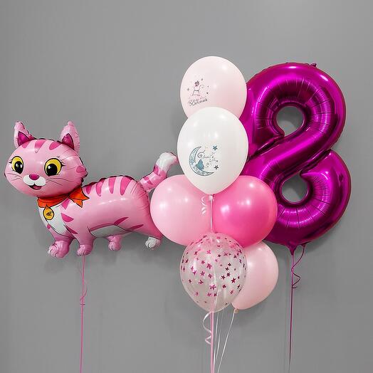 🎀 Композиция с шарами Розовая кошечка и цифра 8