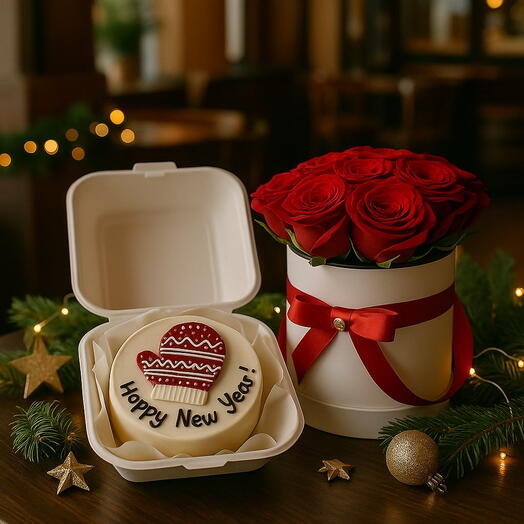 Розы в коробке и бенто торт Новогодний бенто тортик торт new year медовик