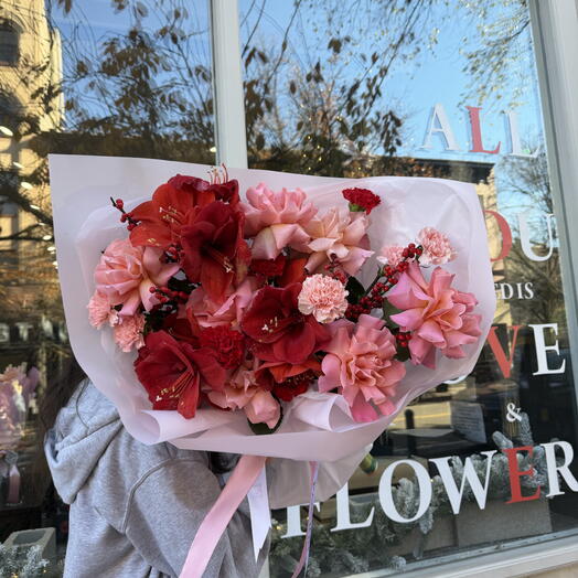"Red Frost" Bouquet (Amaryllis, French Rose, Ilex, Dianthuses)
