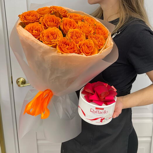 Супер🔥топ🔝Комбо🌹15 роз и коробка Raffaello 100g