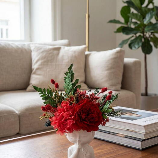 Букет мини композиция из стабилизированных цветов и сухоцветов «Мечтательница ред» подарок красный