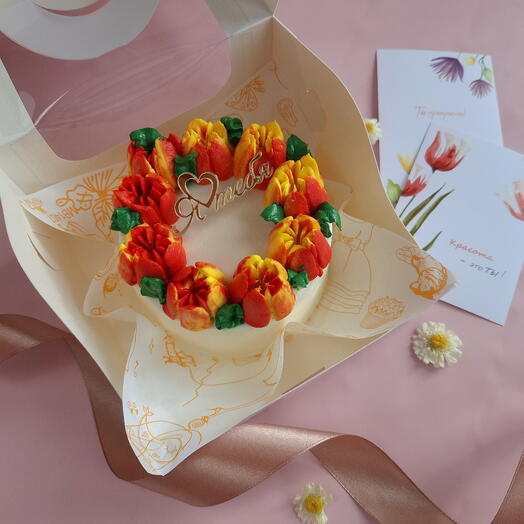 Сладкий подарок на 8 марта Бенто торт с тюльпанами и акриловым топером Я тебя люблю маме, девушке, жене, сестре, подруге, дочери