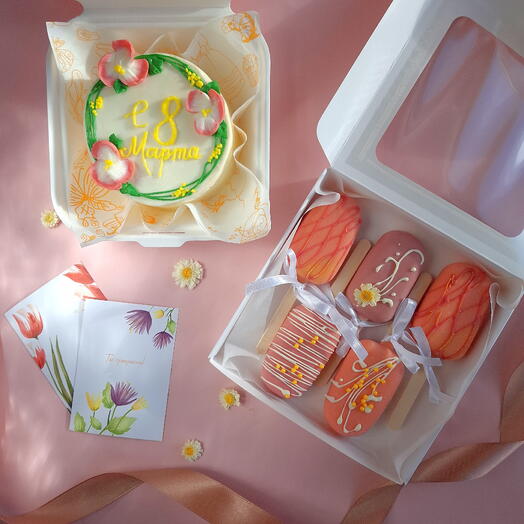 Подарок на 8 марта Бенто торт с розовыми цветами и эскимо-чизкейков с разными начинками коллегам на сладкий стол, маме, бабушке