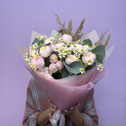 Букет летний из пионовидных роз и ромашек для девушки на День рождение 🤩♥️. Полевой букет цветов 💐