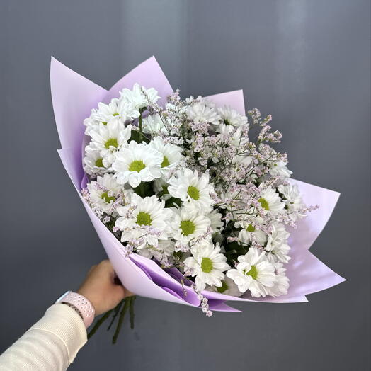 Букет белых ромашек с лимониумом🌸