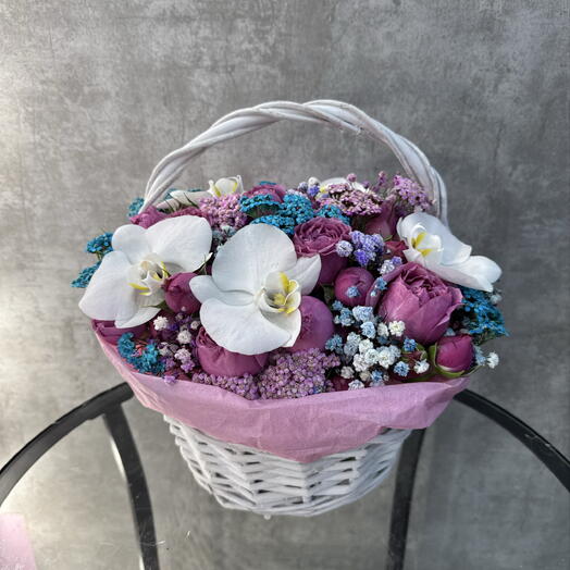 Корзина в дофаминовых цветах 🤩для девушки 😍🌸♥️ с орхидеей и пионовидной розой 🤩 на День рождение