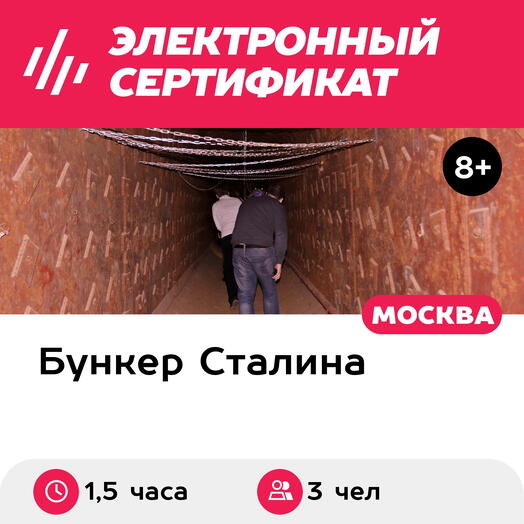Подарочный сертификат Экскурсия Бункер Сталина, 2 взрослых и 1 ребенок в группе, 1,5 часа