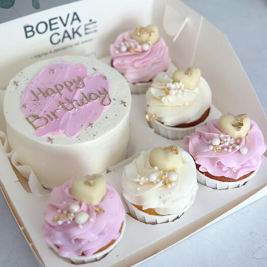 Набор бенто с капкейками розовый happy birthday , бенто на день рождения